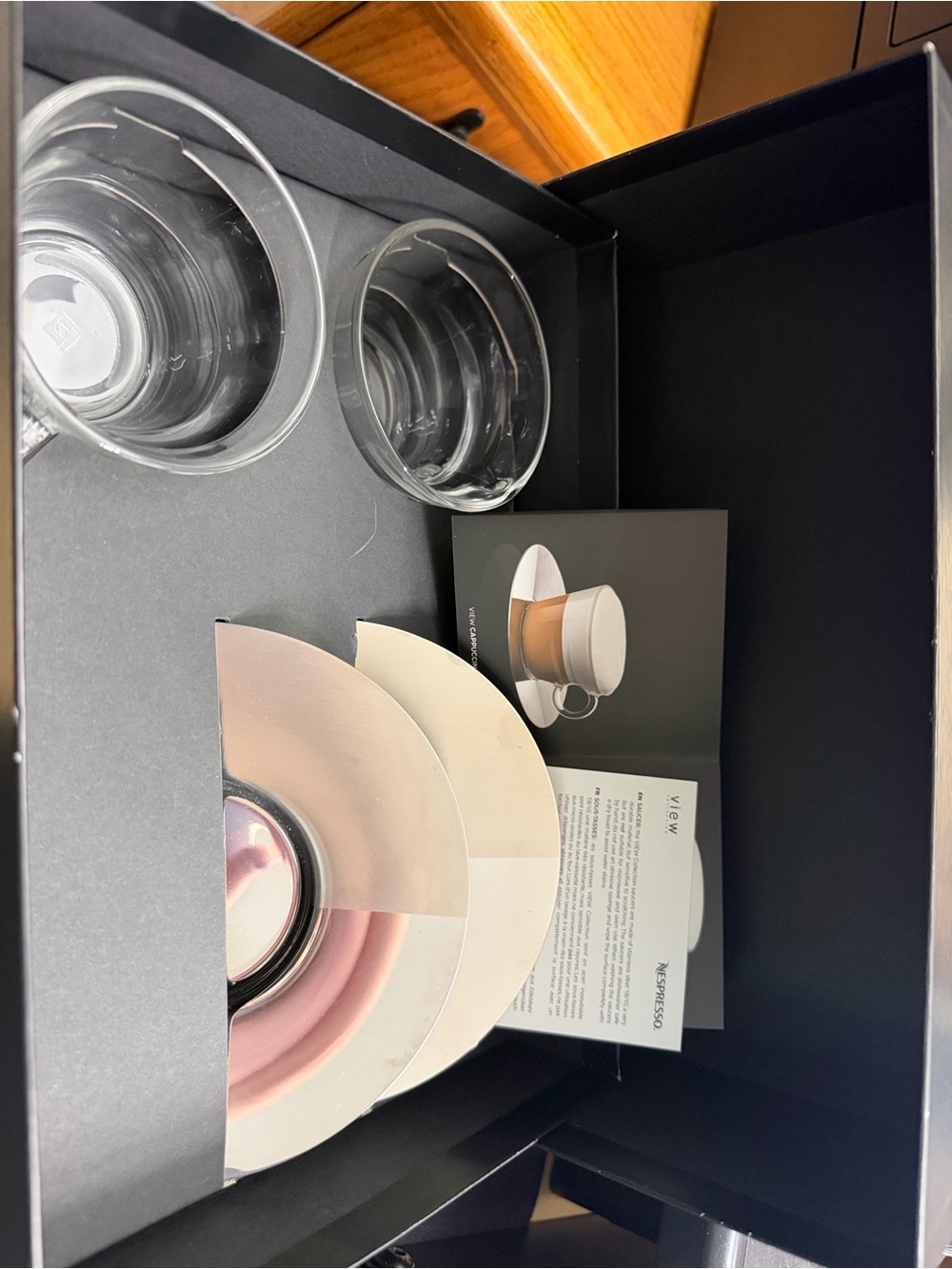 Nespresso Clear Glass Espresso Cups with Silver-Tone Saucers and Tray